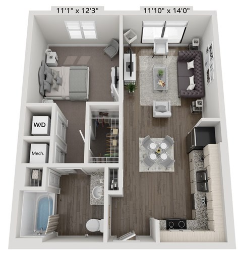 Floor plan for 1 bed, 1 bath, 632 sqft